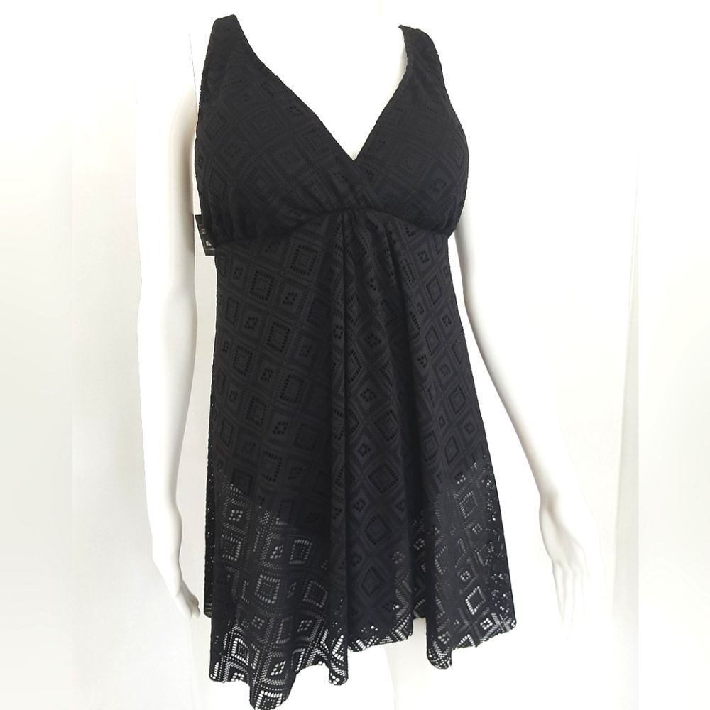 NWT Macy's Swim Solutions Black Lace Crochet One-Piece Swim Dress Sz 20W
